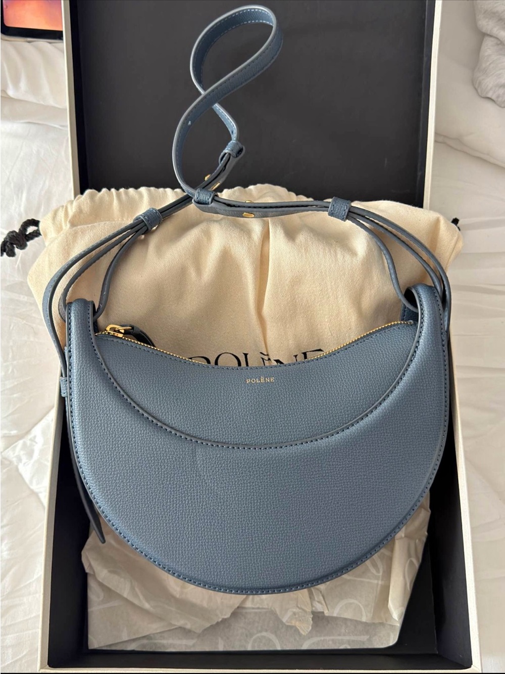 Polène Dusty Blue Crescent Leather Shoulder Bag